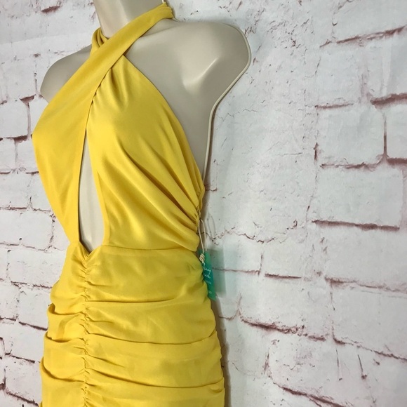 Forever 21 BELEARIC BEACH L Halter Ruched Fringe Trim Yellow Minidress Large - Picture 4 of 14